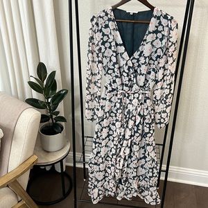 Floral Print, sheer sleeves, ruffle midi faux wrap dress